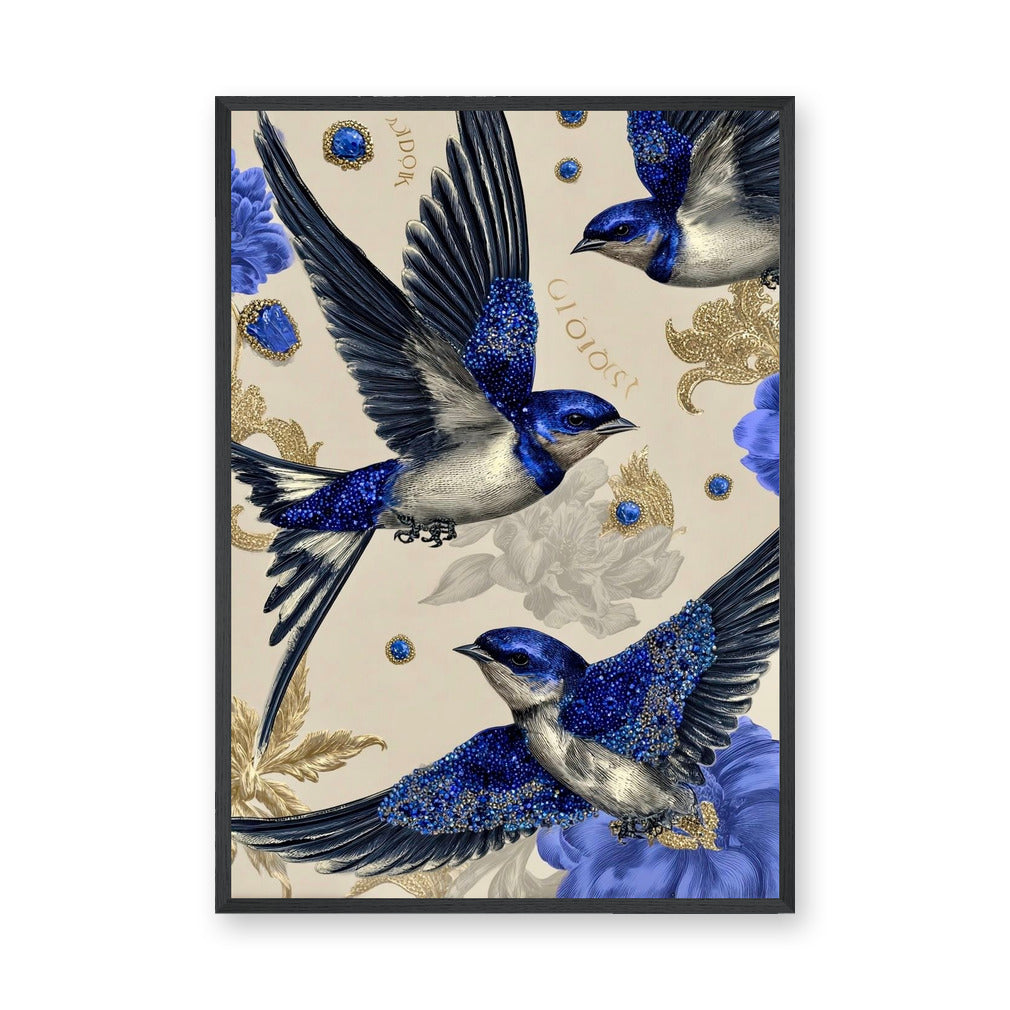 Jeweled Blue Swallows Maximalist Wall Art – Gold Floral Fashion Accent