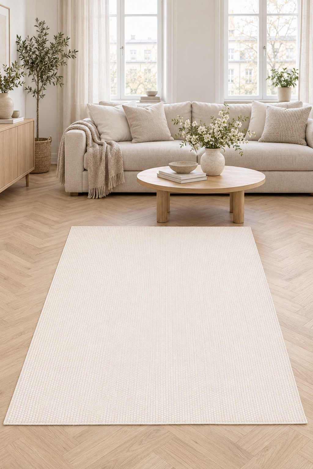 Jute Geometric Modern Area Rug – Cream in a living room