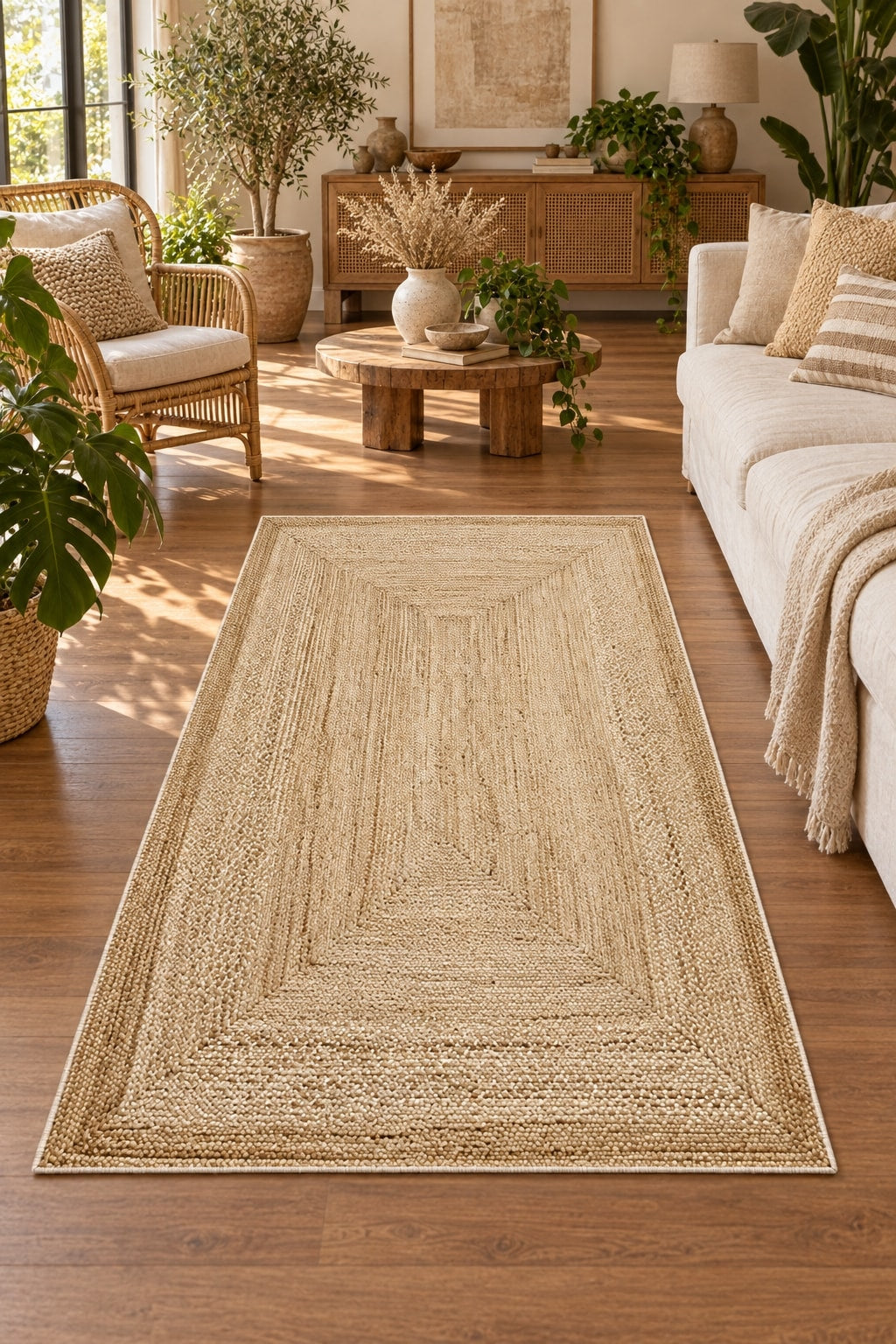 Jute Look Modern Kitchen Rug – Brown in a living room