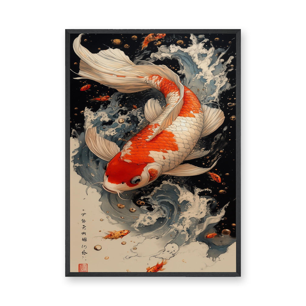 Koi Fish Traditional Wall Art – Orange Koi in Blue-Gray Waves