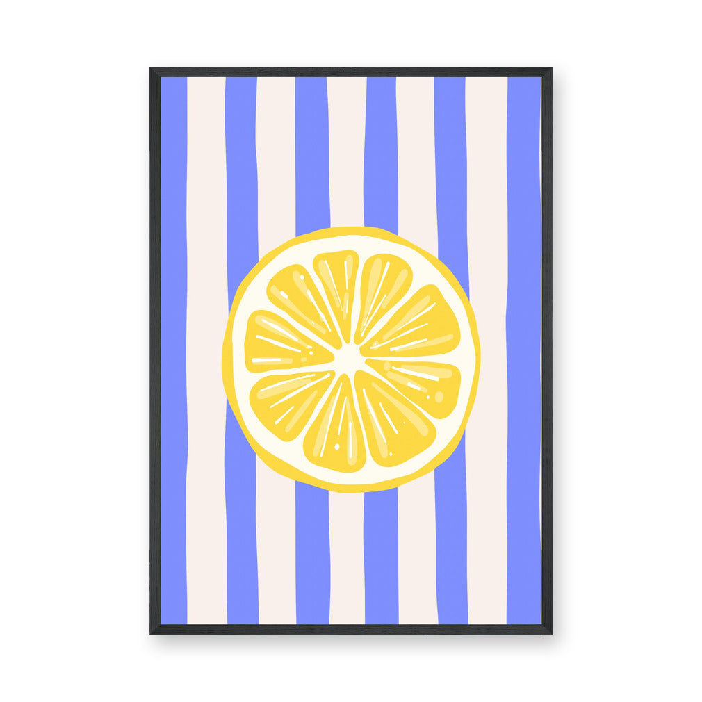 Lemon Slice Modern Wall Art – Blue and Cream Striped Citrus Print