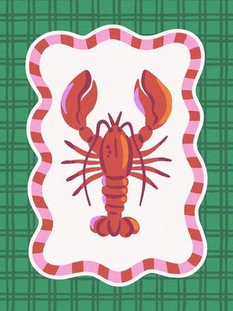 Lobster Modern Wall Art – Red Seafood Print on Green Plaid