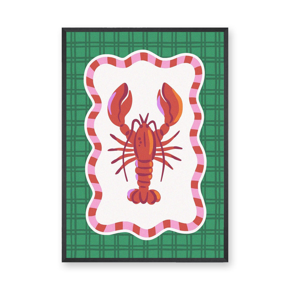 Lobster Modern Wall Art – Red Seafood Print on Green Plaid