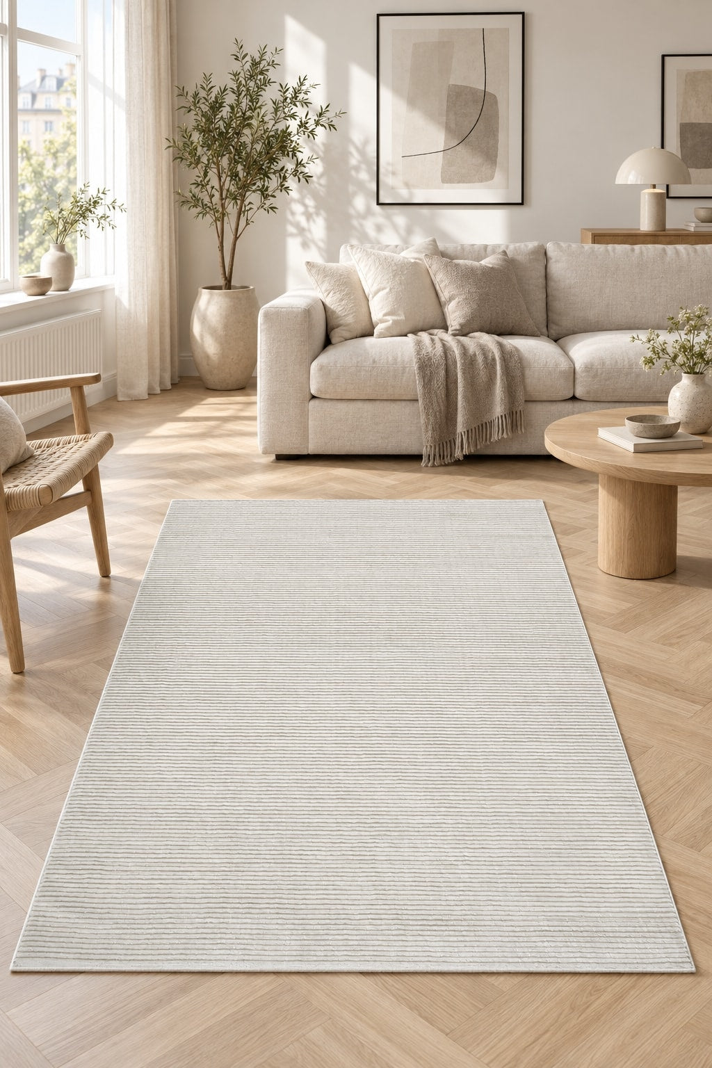 London Modern Shag Area Rug – Beige & Cream in a living room