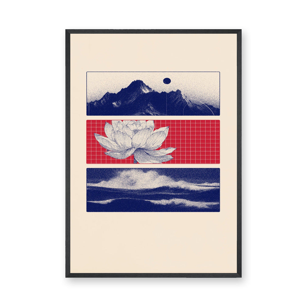 Lotus Landscape Modern Wall Art – Navy Mountains, Red Grid, and Waves