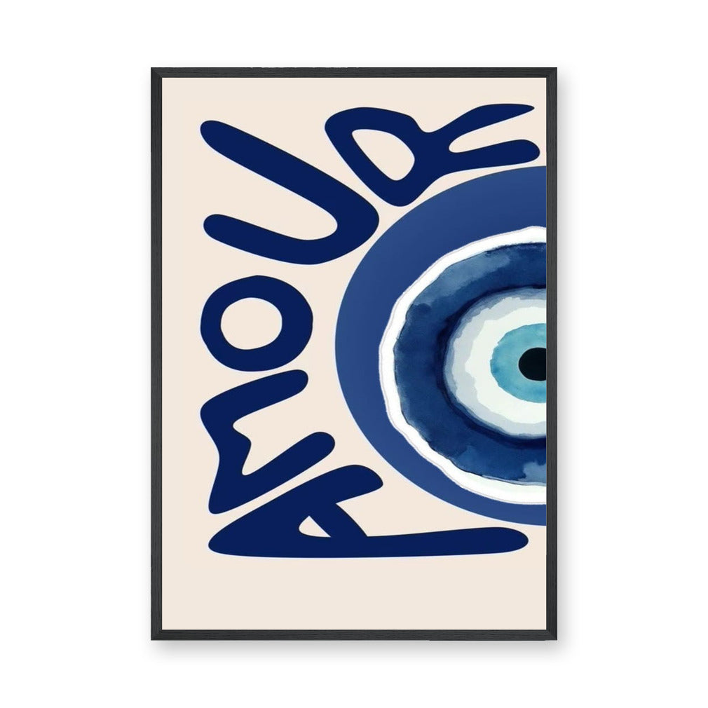 Love Evil Eye Typography Wall Art – Beige and Navy Boho Print