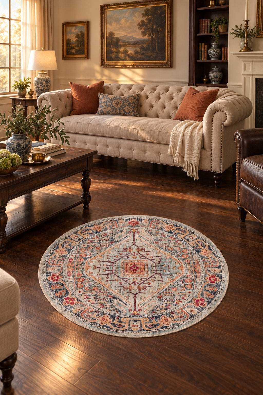 Medallion Modern Round Area Rug – Brown in a living room