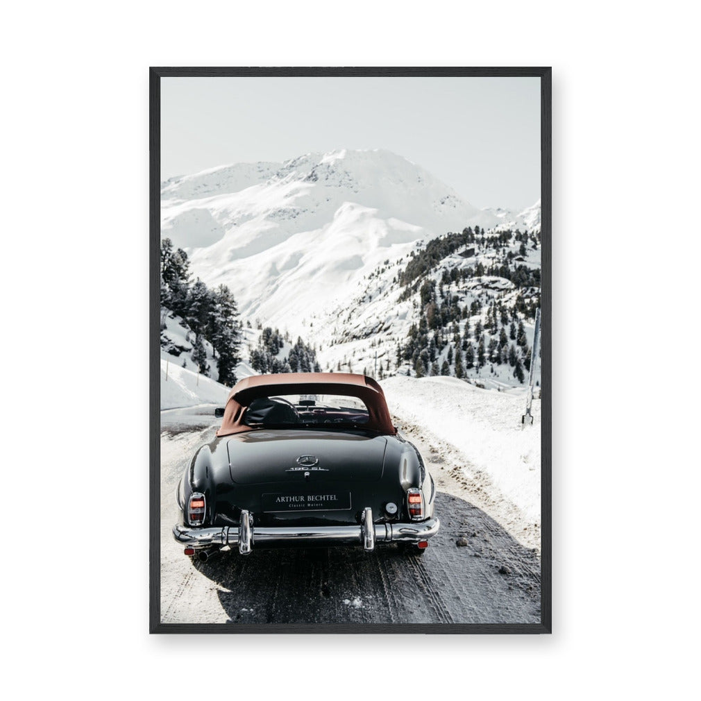 Mercedes 190 SL Vintage Wall Art – Snowy Mountain Road Photograph