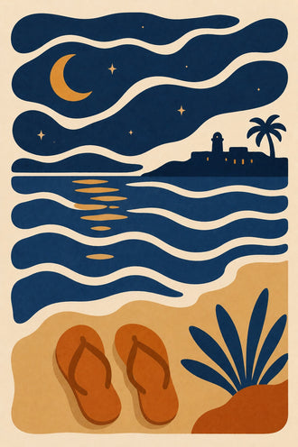 Moonlit Beach Coastal Retro Wall Art – Ocean Waves and Lighthouse Print