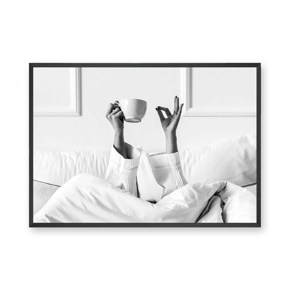 Morning Coffee Minimalist Wall Art – Black and White Bed Coffee Print