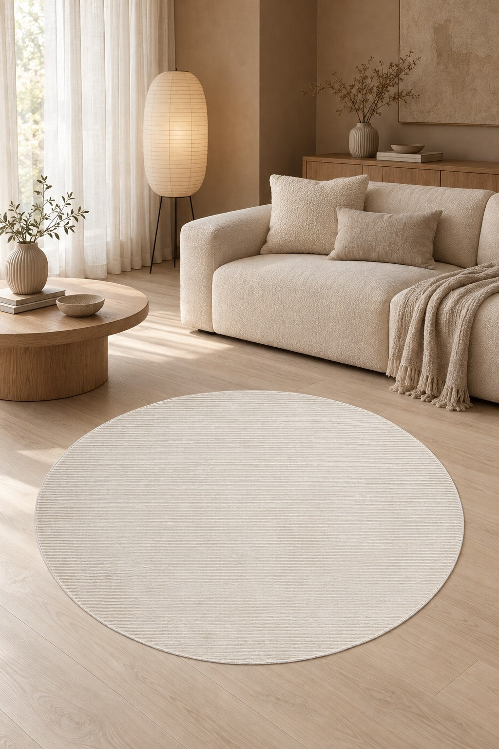 Mystic Modern Area Rug – Light Beige in a living room