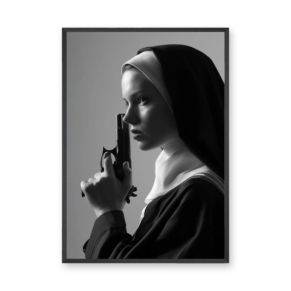 Nun Portrait Surreal Wall Art – Dramatic Black-and-White Gun Print