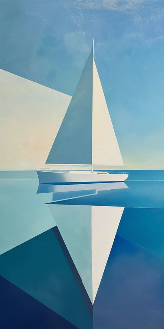 Ocean Sea Minimalist Geometric Wall Art – Sailboat on Calm Blue Water