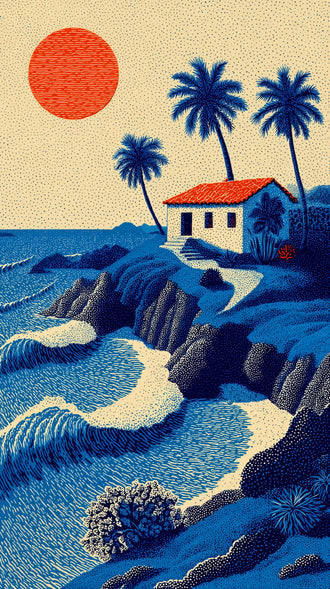 Ocean Sea Retro Coastal Wall Art – Palm House Above Blue Waves