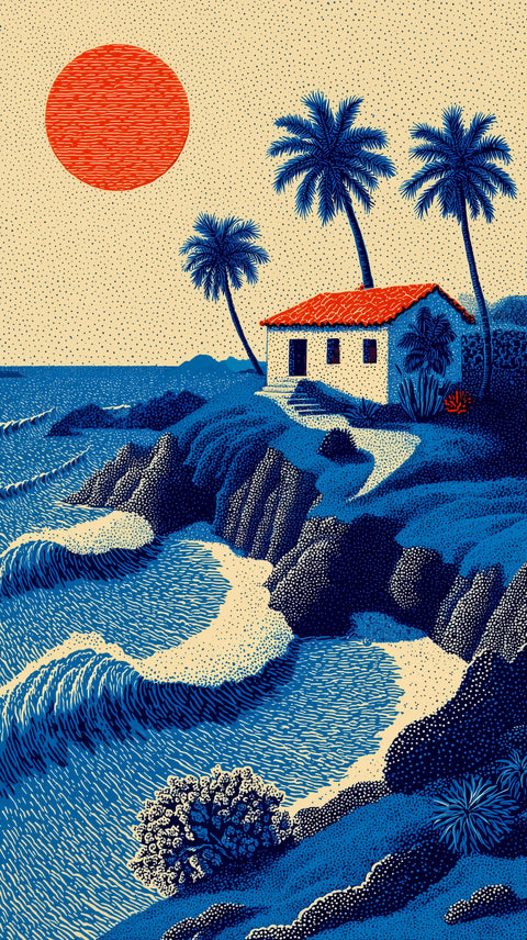 Ocean Sea Retro Coastal Wall Art – Palm House Above Blue Waves