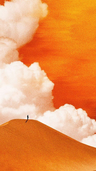 Orange Desert Dune Modern Wall Art – Lone Figure Beneath Dramatic Clouds
