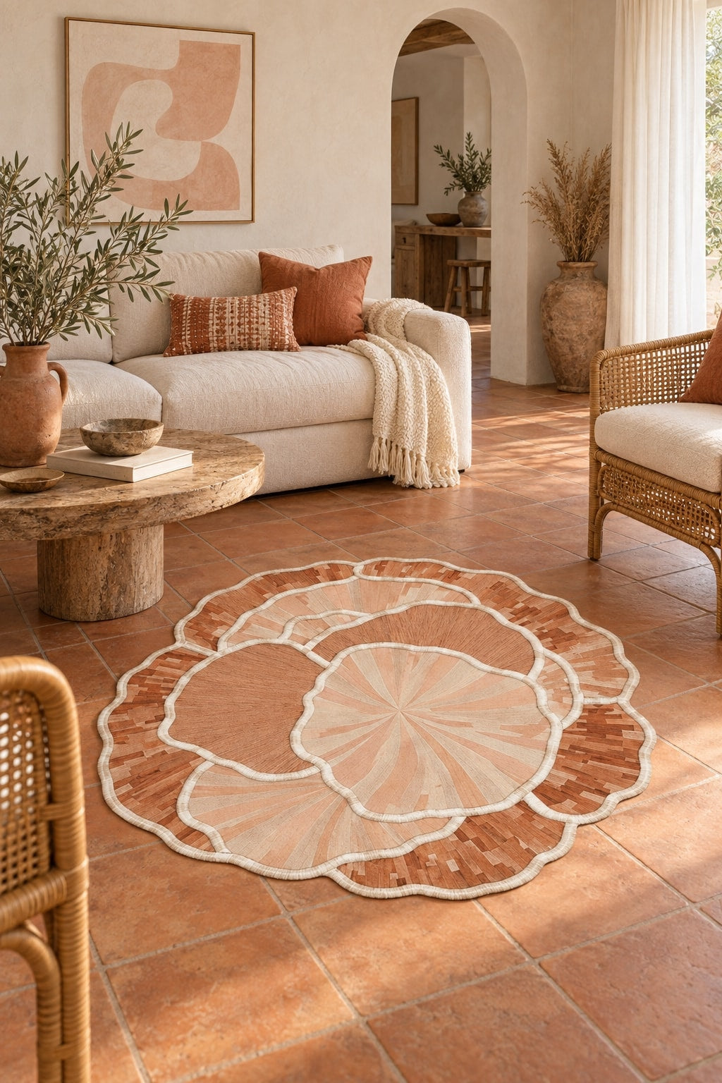 Organic Forms Modern Area Rug – Orange in a living room