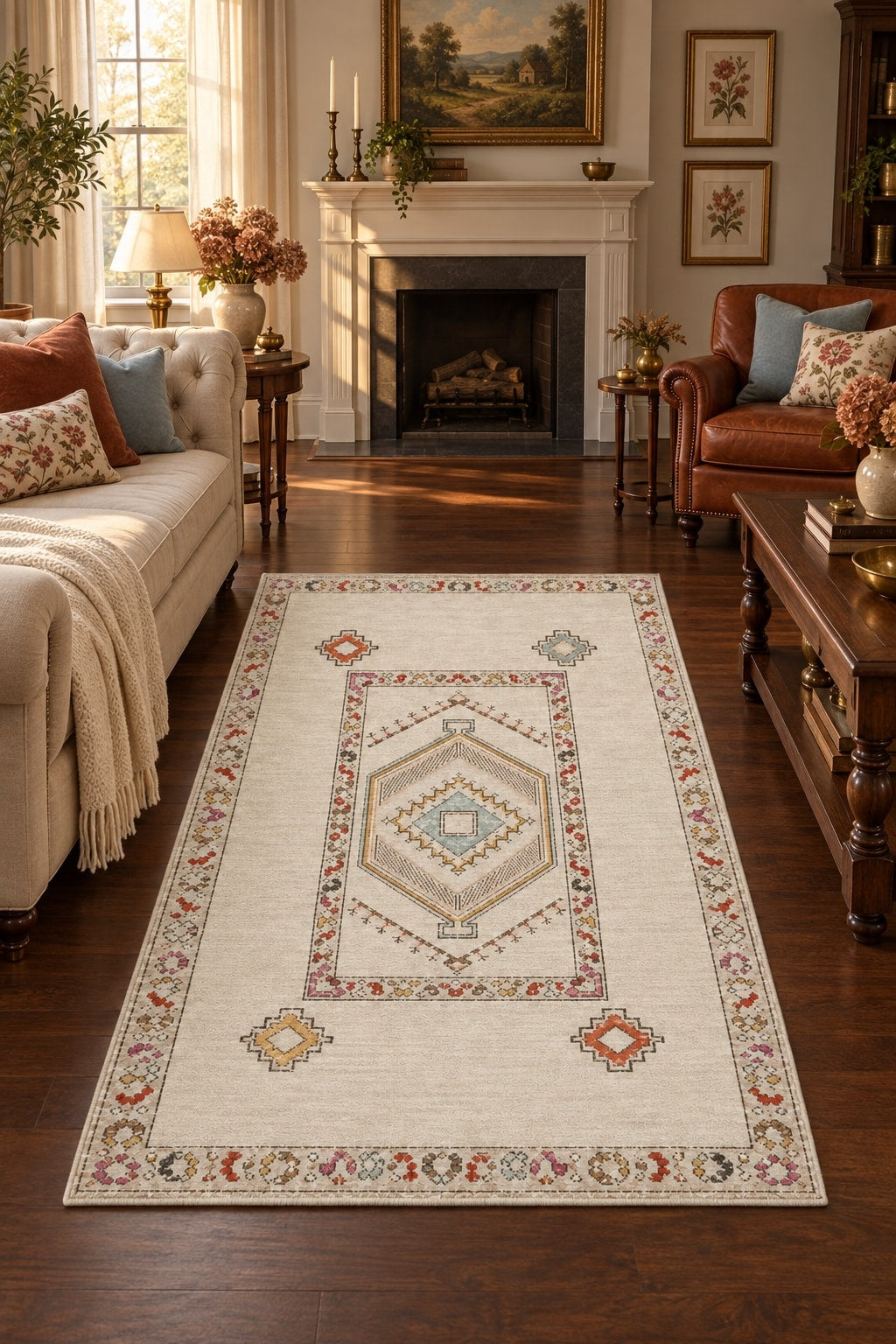 Oriens Ethnic Area Rug – Cream in a living room