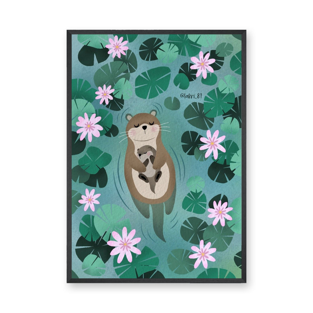 Otter Lily Pond Kids Wall Art – Mother and Baby Among Flowers