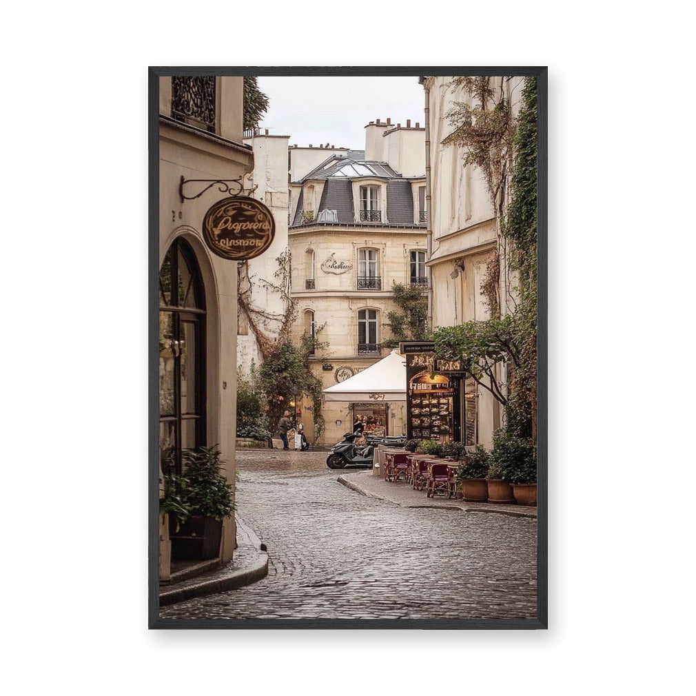 Paris Street Photography Vintage Wall Art – Cobblestone Café Scene