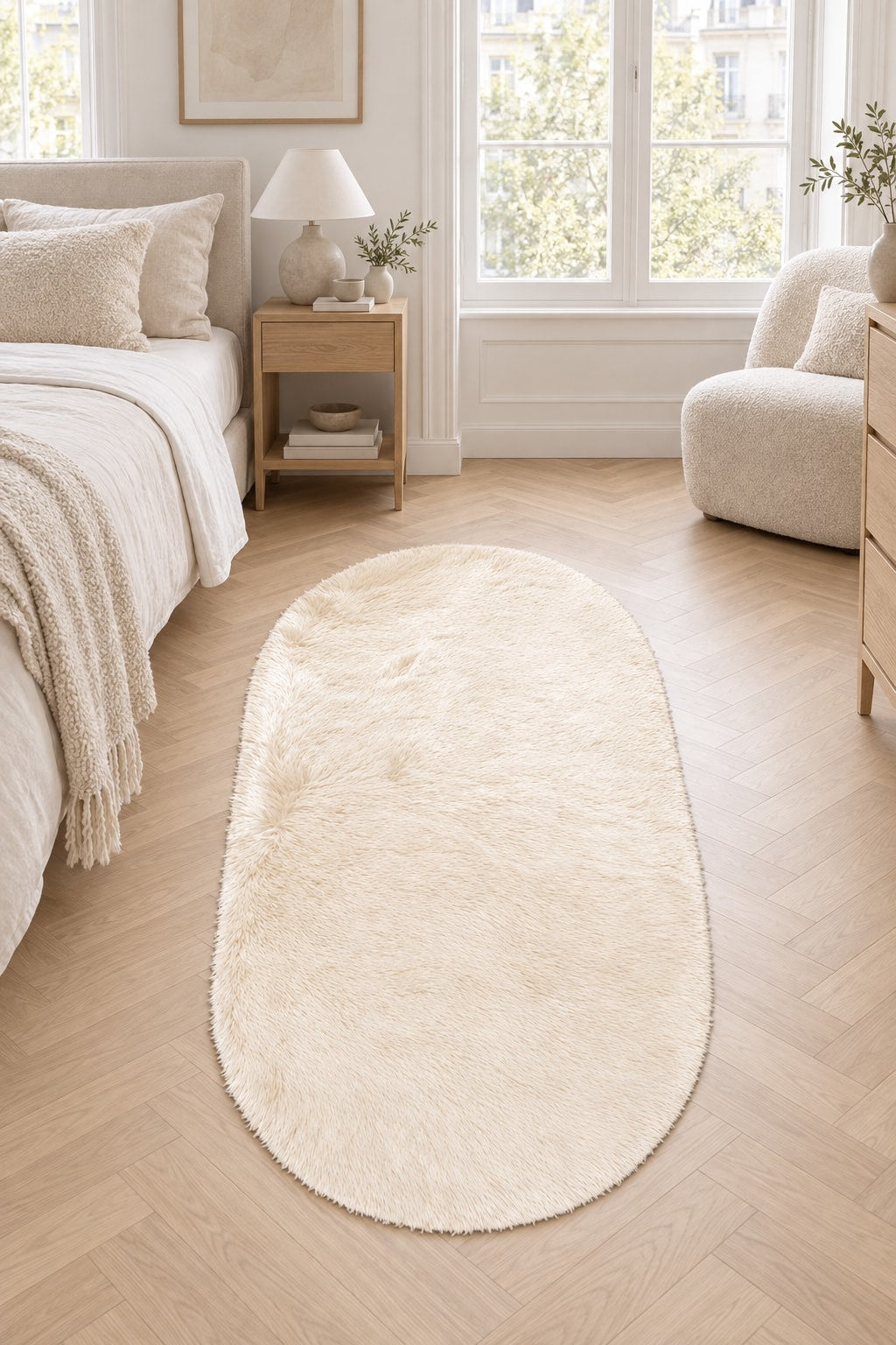 Plush Modern Oval Runner Rug in a bedroom