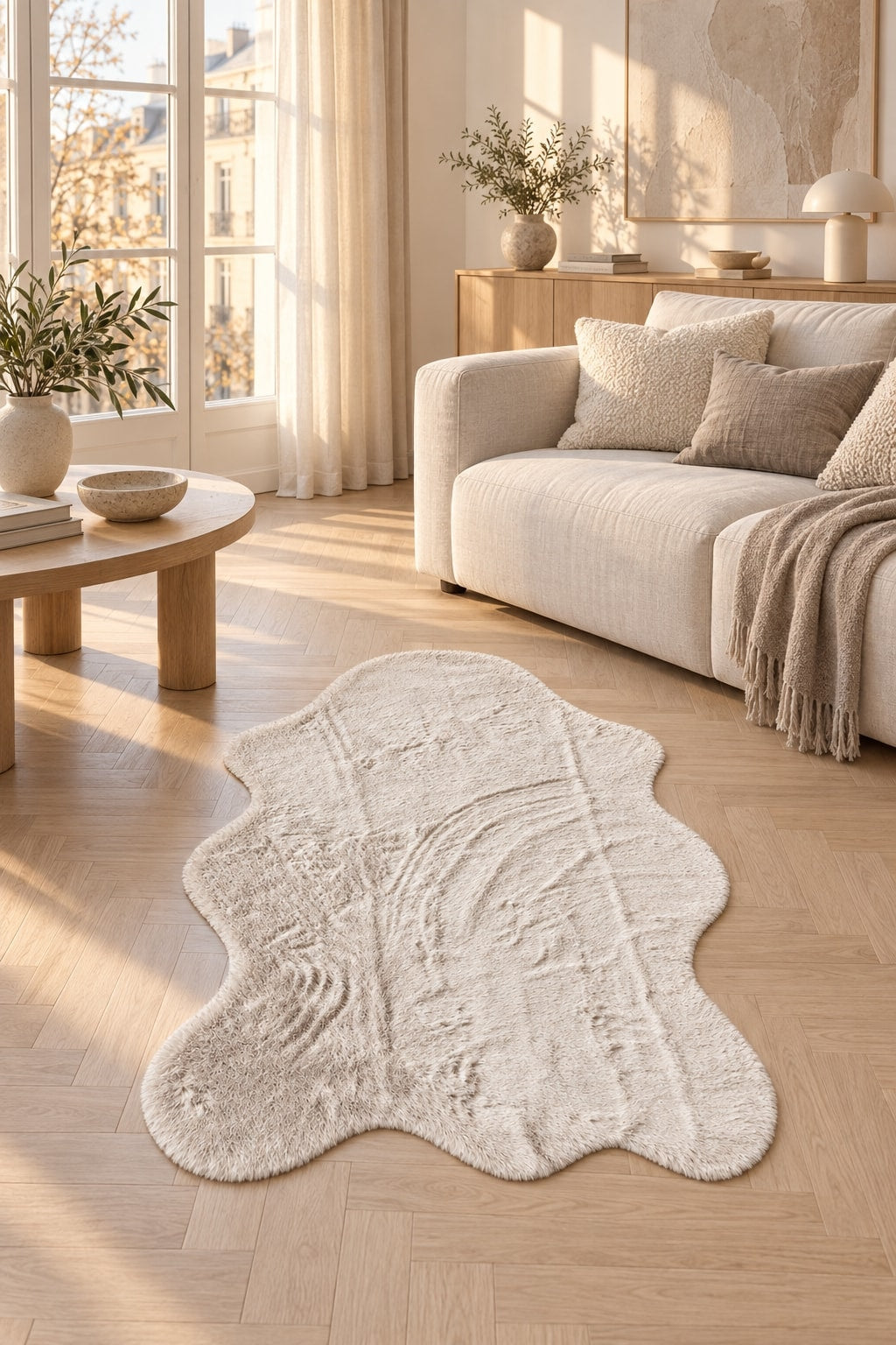 Plush Shag Kids Oval Rug – Beige in a living room