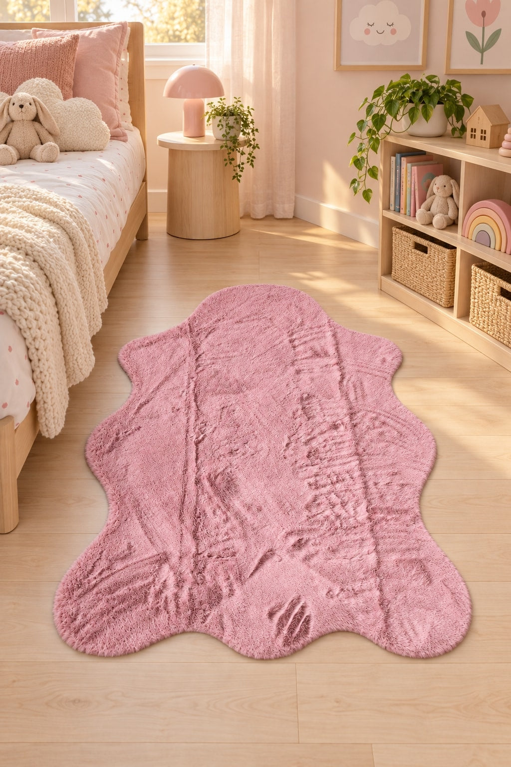 Plush Shag Kids Oval Rug – Pink in a nursery