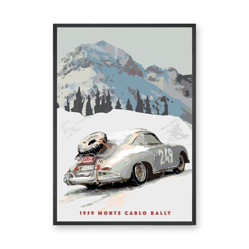 Porsche 356 Vintage Wall Art – 1959 Monte Carlo Rally in Snowy Mountains