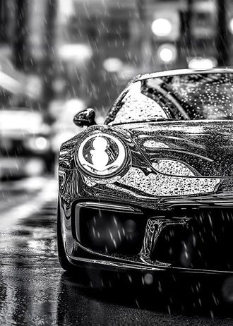 Porsche 911 Modern Wall Art – Black and White Rainy City Street