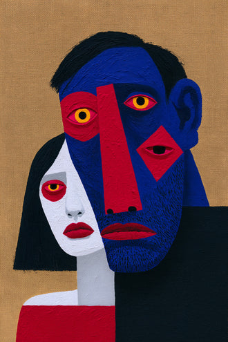 Portrait Abstract Cubist Wall Art – Bold Overlapping Couple Faces