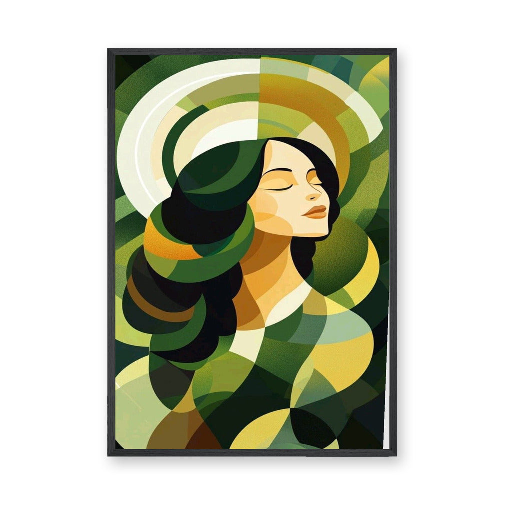 Portrait Abstract Geometric Wall Art – Serene Green Woman Print