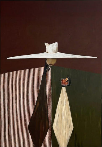 Portrait Abstract Modern Wall Art – Wide Hat Figures on Geometric Background