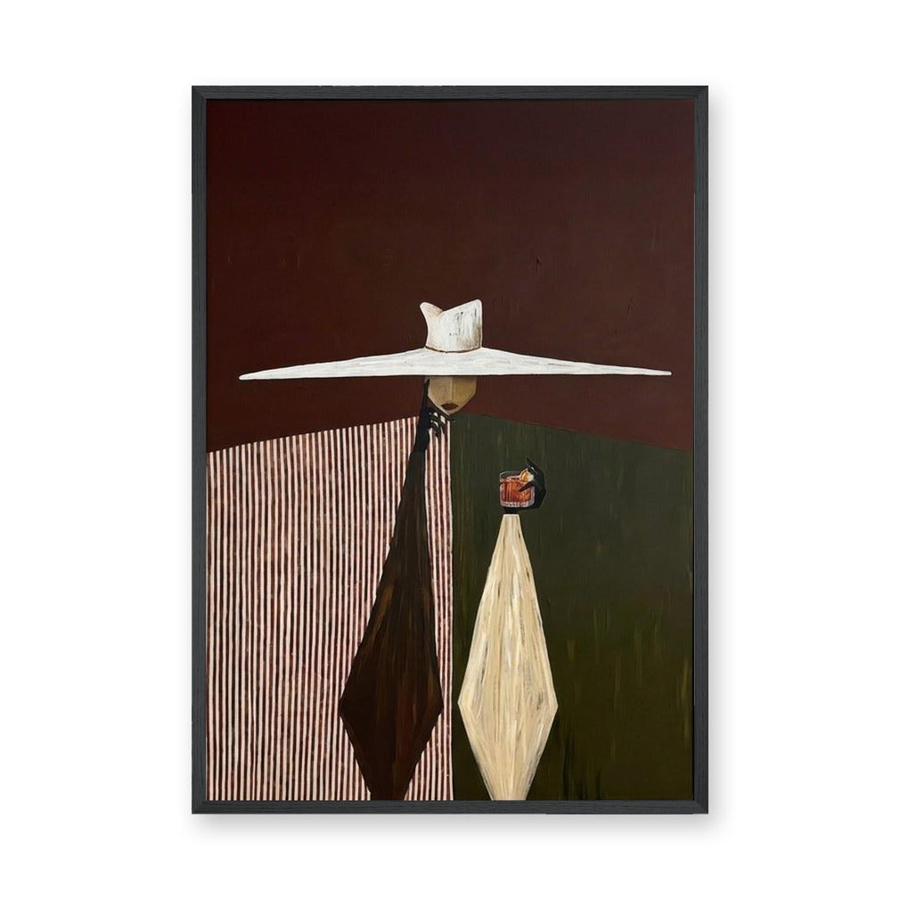 Portrait Abstract Modern Wall Art – Wide Hat Figures on Geometric Background