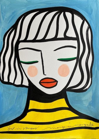 Portrait Modern Line-Art Wall Art – Girl in Stripes on Blue