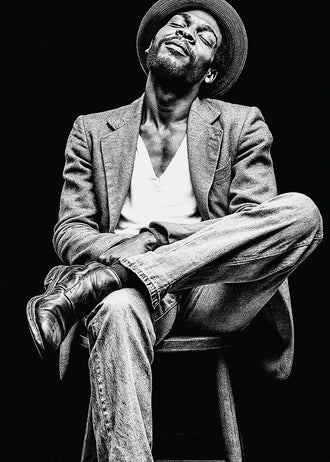 Portrait Photography Modern Wall Art – Black and White Seated Hat Figure