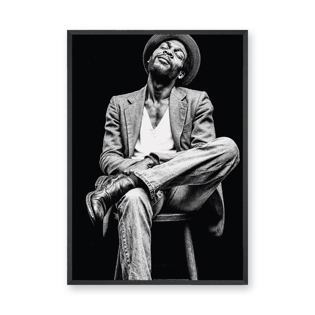 Portrait Photography Modern Wall Art – Black and White Seated Hat Figure
