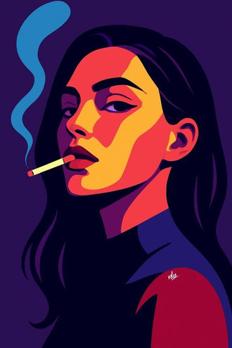 Portrait Pop Art Wall Art – Smoking Woman on Purple Background