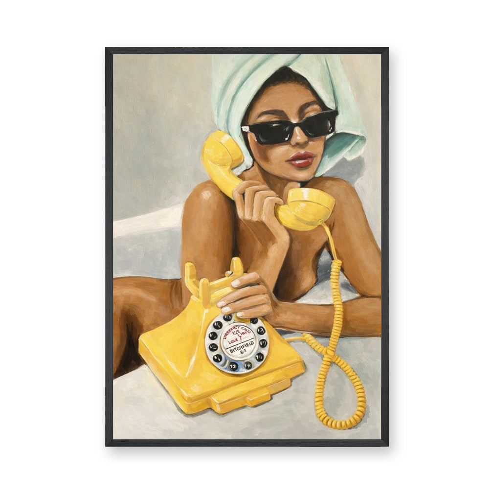 Portrait Retro Wall Art – Woman on a Yellow Rotary Phone