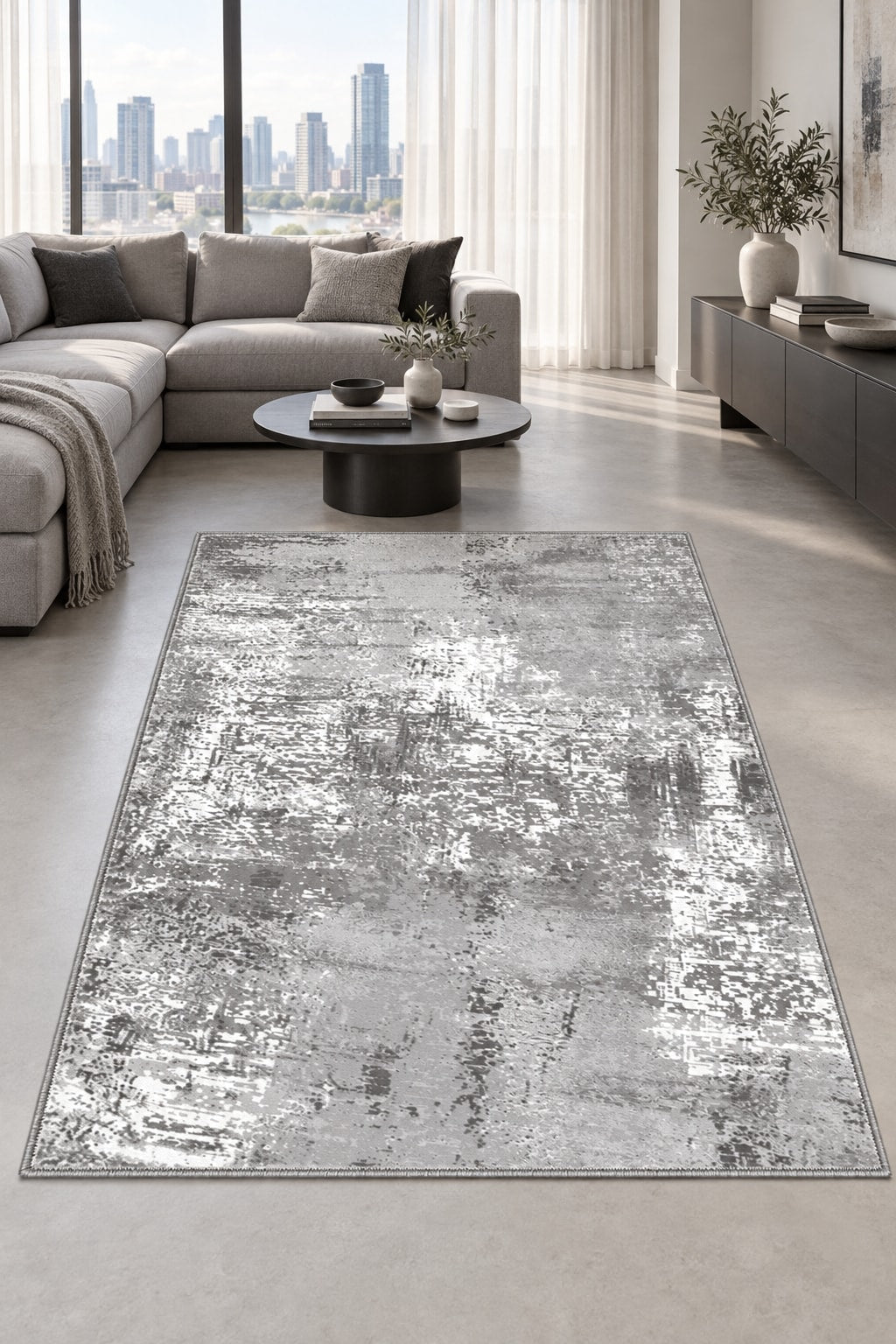 Printed Modern Kitchen Rug – Gray in a living room