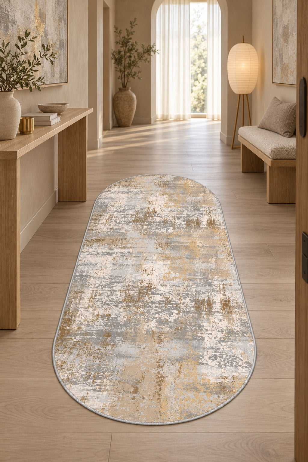 Printed Modern Oval Kitchen Rug – Beige in a hallway