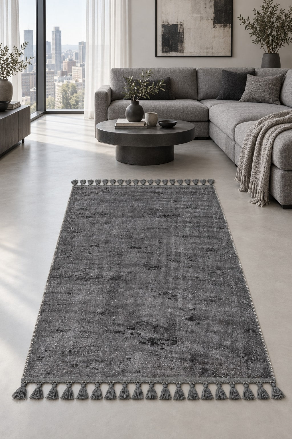 Raised Abstract Modern Area Rug – Charcoal in a living room