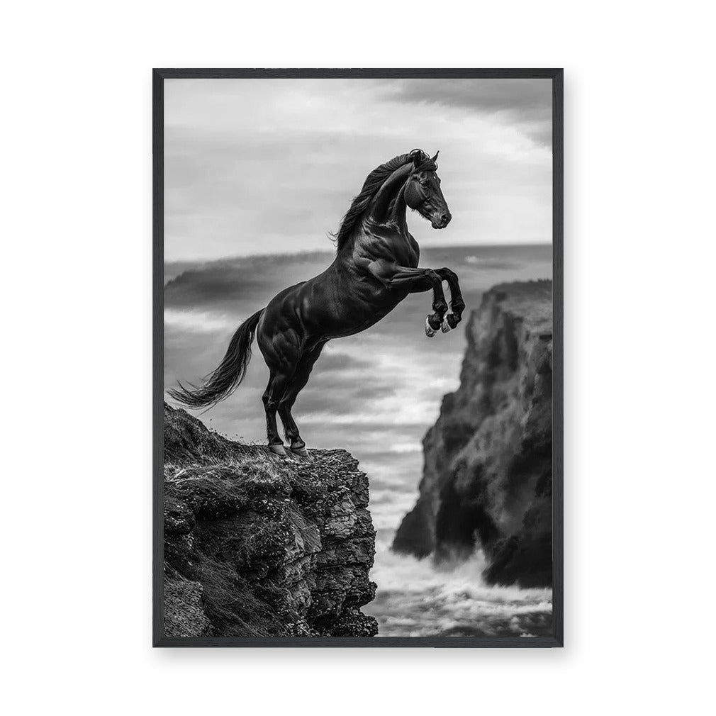 Rearing Horse Coastal Wall Art – Black and White Seaside Cliff Print
