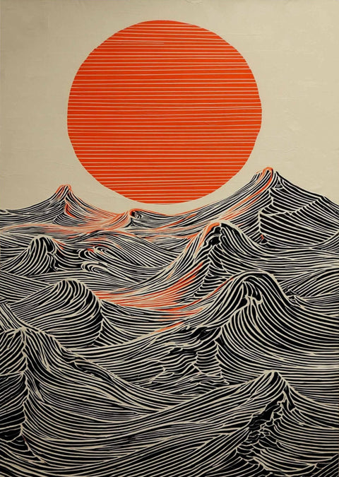 Red Sun Mountain Line Art Wall Art – Japandi Landscape Print