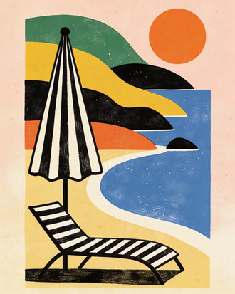 Retro Beach Umbrella Coastal Wall Art – Ocean Lounge Chair Sunset