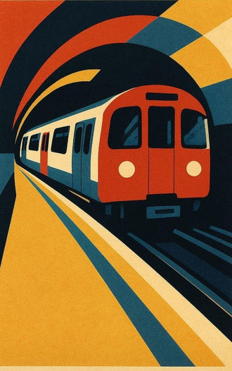 Retro Subway Train Geometric Wall Art – Red Train Tunnel Print