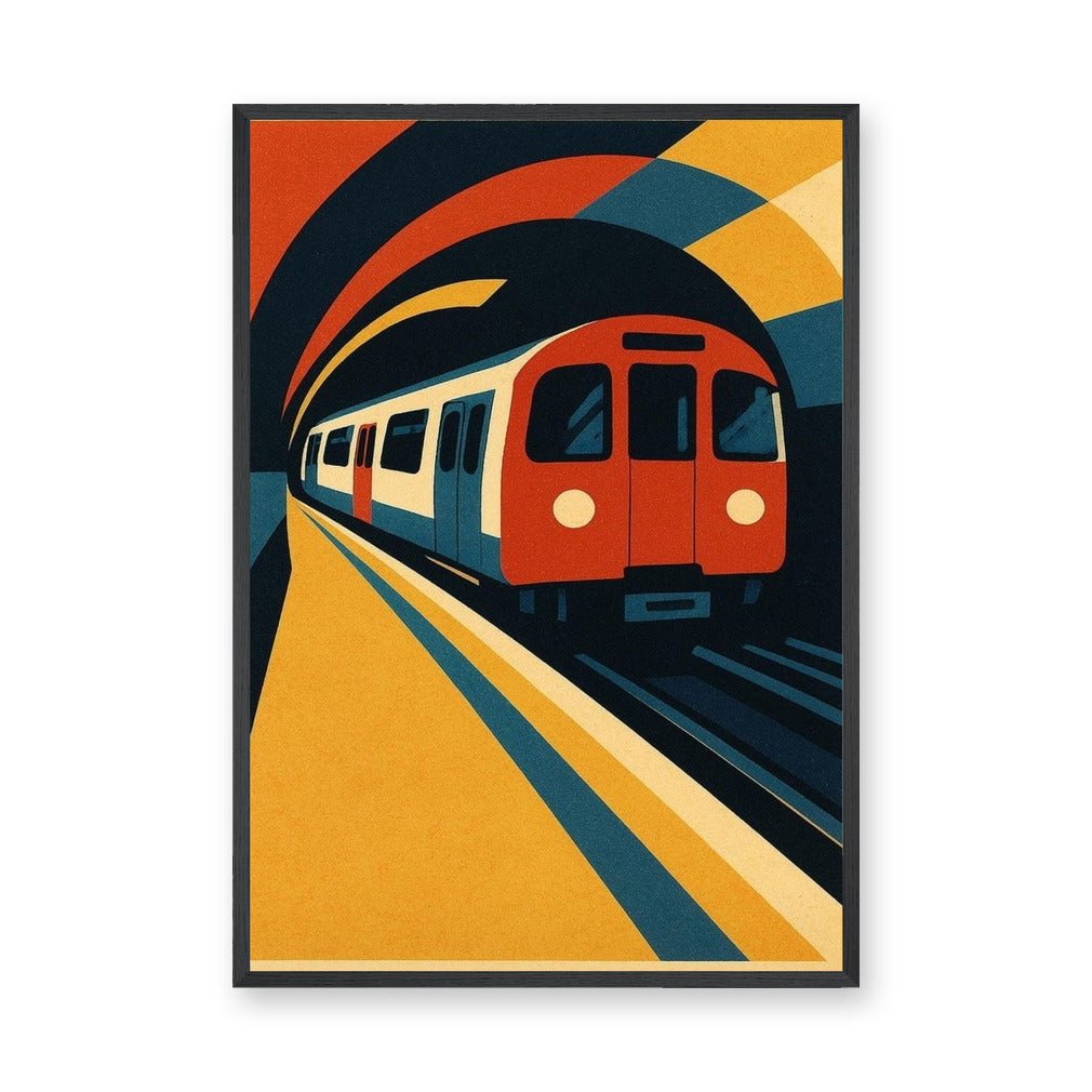 Retro Subway Train Geometric Wall Art – Red Train Tunnel Print
