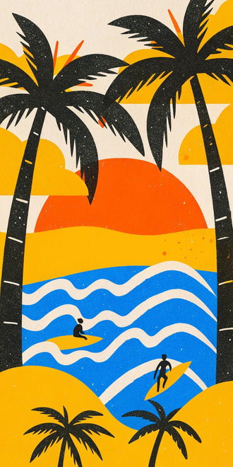 Retro Surf Sunset Pop-Art Wall Art – Tropical Waves and Palms