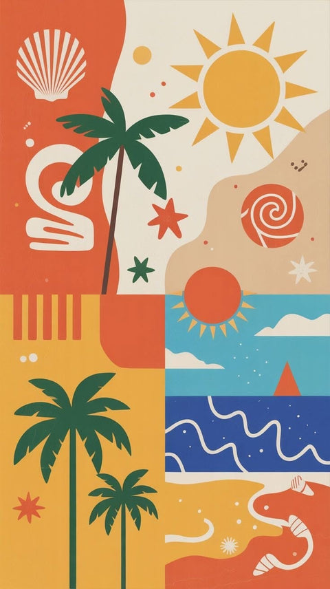 Retro Tropical Beach Wall Art – Colorful Palms, Suns and Waves