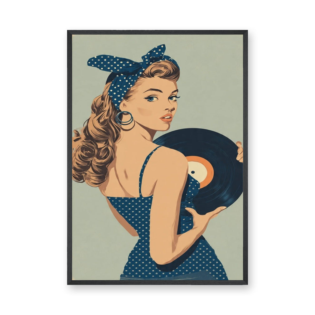Retro Vinyl Girl Pop-Art Wall Art – Pin-Up Music Portrait in Blue
