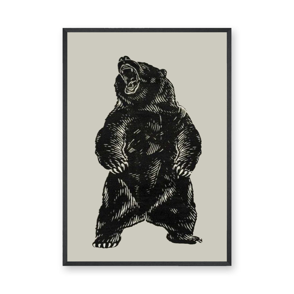 Roaring Bear Vintage Wall Art – Black Ink Illustration on Beige